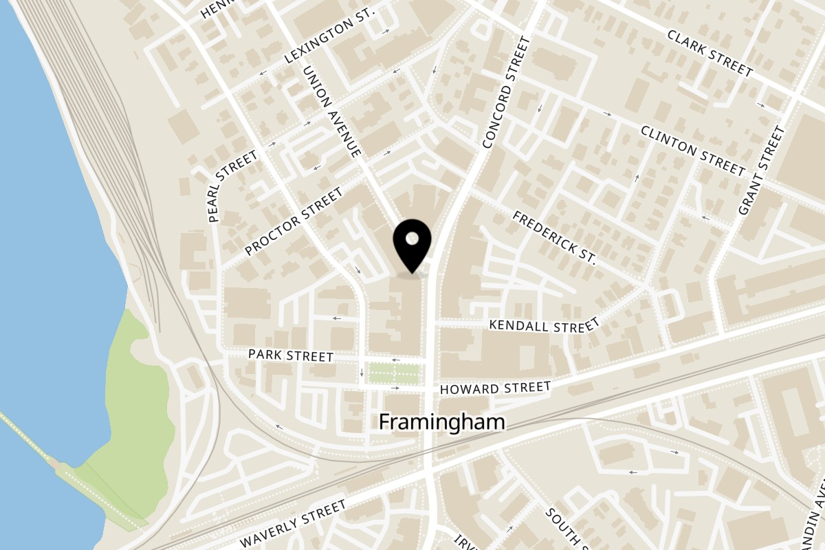 Map showing the location of Anastasia’s Pizza, Oven And Grill on 12 Union Ave in Framingham
